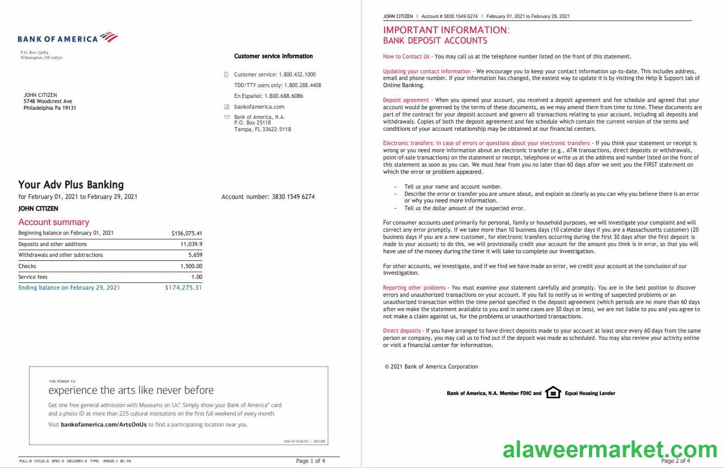 USA Bank of America bank statement template in Word and PDF format (4 pages), version 3